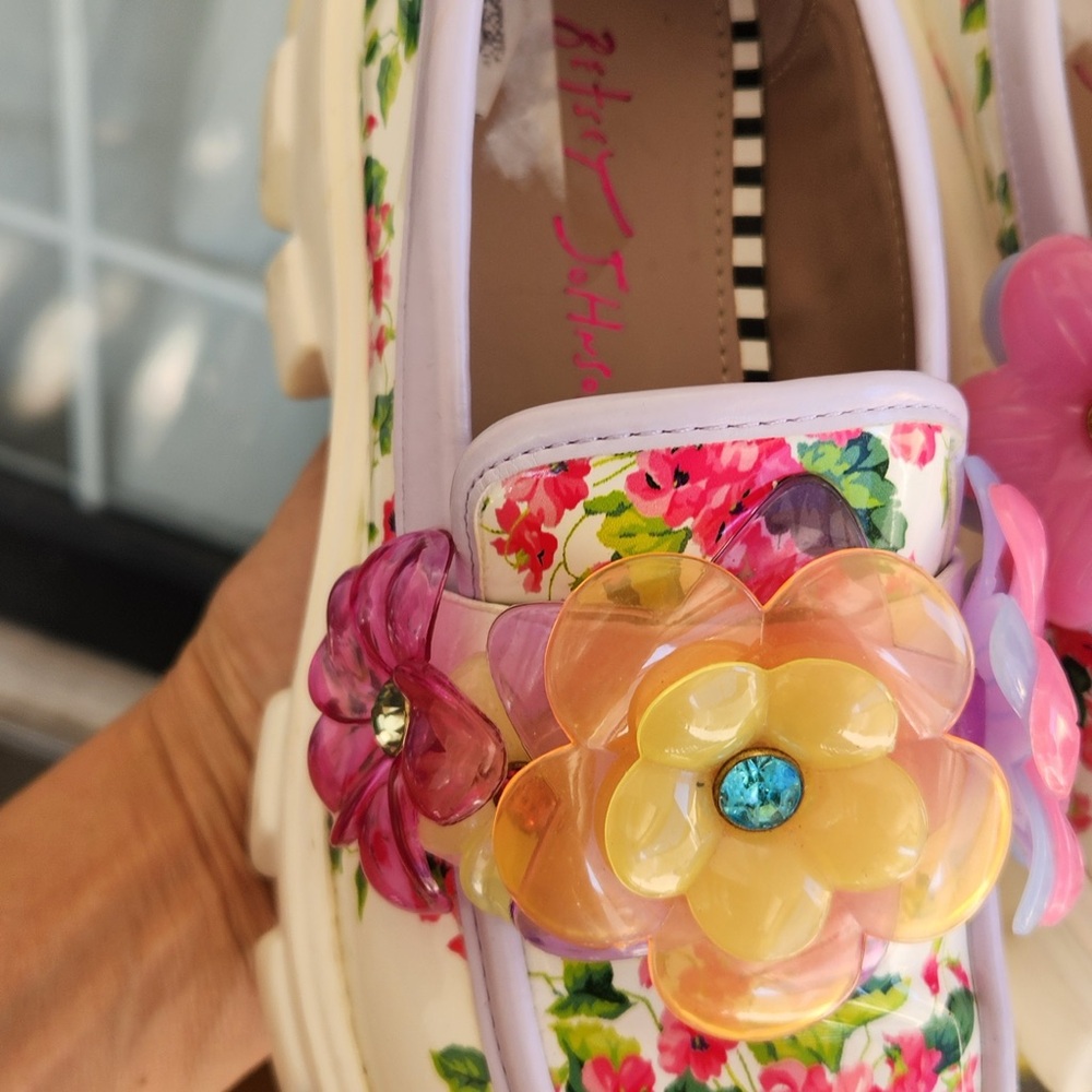 Betsey Johnson White Floral Chunky Loafers with Pink & Orange Flower Accents - Picture 3 of 7